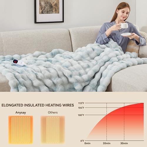 Anysay Heated Blanket Throw with 1/2/4/6/8 Hours Auto-Off 10 Heat Level, 50'' * 60'' Cozy Faux Rabbit Fur Bubble Electric Blanket with Overheat Protection(Blue) thumbnail 2