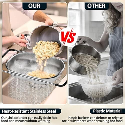Over the Sink Colander - Strainers and Colanders - Sink Strainer Basket - Expandable Fine Mesh Strainer with Rubber Grip for Veggie, Fruits, Pasta, Home Kitchen Essentials (9.5W x 13.4-21.3L x 3.3H) thumbnail 3