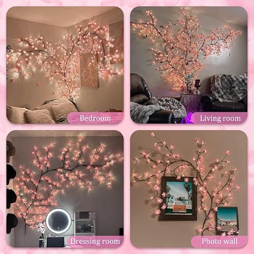 FIALAME 7.55 FT 144 LED Cherry Blossom Tree Branch Lights for Wall,8 Modes Artificial Pink Cherry Blossom Garland with Remote and Timer,Willow Vine Lights for Bedroom,Sakura Wall Decor thumbnail 3