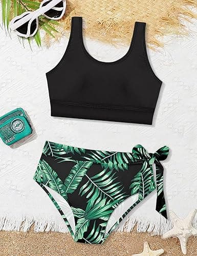 ADIRUN Girl Swimsuit Bikini Set Tropical Print Bathing Suit Two Piece Girls' Swimwear with Tie Side Knot 9-16T - Black - 9-10 Years thumbnail 6