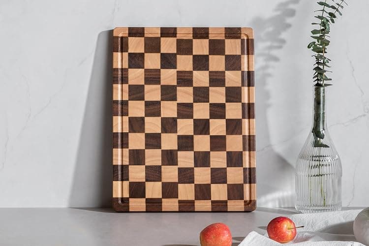 THETCHRY Cutting Boards for Kitchen, Checkered Cutting Board End Grain, Acacia Wooden Chopping Board with Juice Groove & Handle, Serving Tray for Meat, Bread & Fruit, 14"L x 11"W x 0.8"Th thumbnail 9
