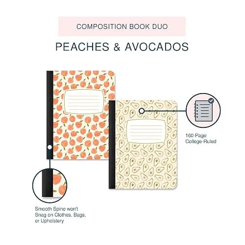 Studio Oh! Composition Notebook Duo 2 Pack 7.5" x 9.75", Back to School Supplies & Cute College Essentials, Aesthetic Notebook for School, 160 Page Lined Paper, 70 GSM Paper Wt., Peaches & Avocados thumbnail 7