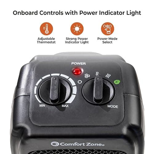 Comfort Zone CZ442E Personal Energy Save Ceramic Heater - 1500W Portable with Adjustable Thermostat, Tip-Over Switch & Overheat Protection, Black thumbnail 6