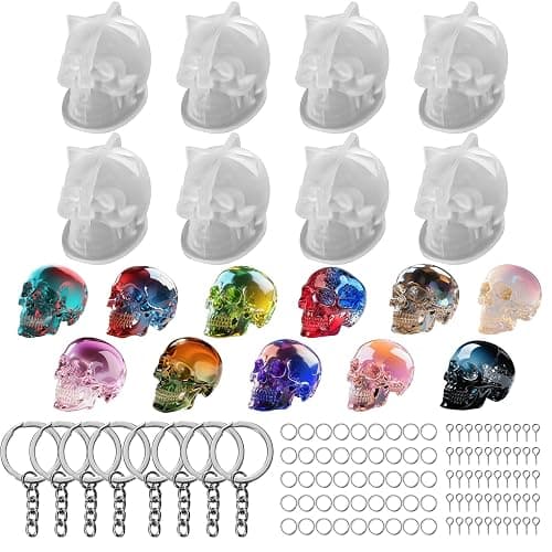 Resin Skull Molds, 8 PCS Flexible Clear Silicone Molds with Key Ring Accessory, 3D Skull Head Molds for Candle Making, Home Decor & Halloween Decoration - Image 1