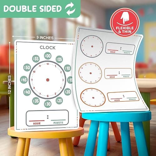 Scribbledo 10 Pack Telling Time Teaching Sheets - 9'x12' Dry Erase Learning Clocks for Kids Homeschooling Supplies thumbnail 3