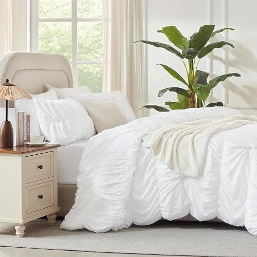 Andency Ruched White Queen Comforter Set, Shabby Chic Pleated Bedding Sets 3 Pieces, Lightweight Soft Boho Ruffle Bed Set for Girls, Kids, Women, All Season thumbnail 5