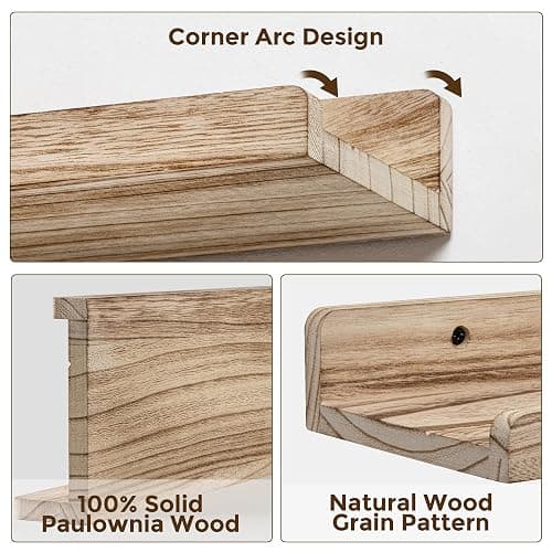 RICHFOCUS Floating Shelves for Wall, 16 inch Solid Wood Picture Ledge Shelf for Wall Storage, Nursery Book Shelves with Lip for Living Room Bathroom Bedroom Kitchen, Set of 3, Carbonized Black thumbnail 5