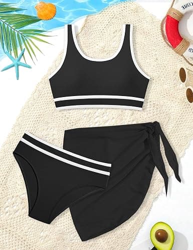 Girls Swimsuit Double Strap High Waist Sporty Bikini Swimsuits Swim Cover Up Skirt 3 Piece Set thumbnail 6