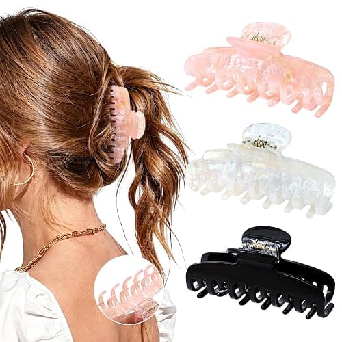 ACECHA Medium Double Row Teeth Claw Clip for Thin Fine Hair, Strong Grip | 3.4-inch, ideal for fine/short hair, glossy finish, non-slip, , 3 pack for daily wear, work, parties, Black & White & Pink - Image 1
