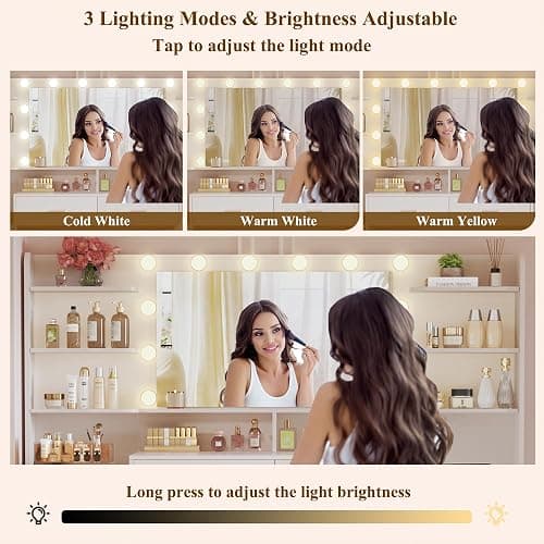 HUAHUU Large Vanity Desk with Mirror & Lights, White Makeup Vanity with 8 Drawers & 6 Storage Shelves, Vanity Set with LED Lights and Power Outlet, 3 Lighting Modes, Adjustable Brightness thumbnail 4