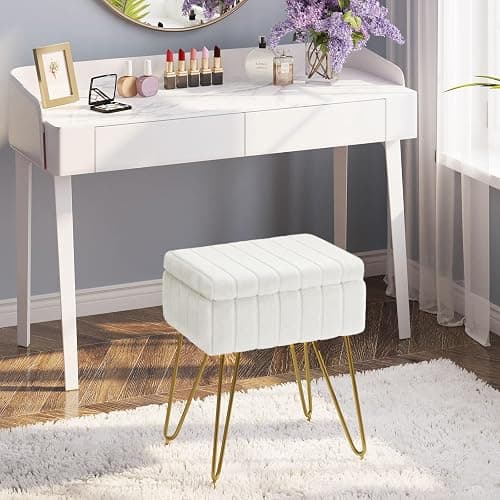 Greenstell Vanity Stool Chair Faux Fur with Storage, 15.7"L x 11.8"W x 19.4"H Soft Ottoman 4 Metal Legs with Anti-Slip Feet, Furry Padded Seat, Modern Multifunctional Chairs for Makeup, Bedroom White thumbnail 2