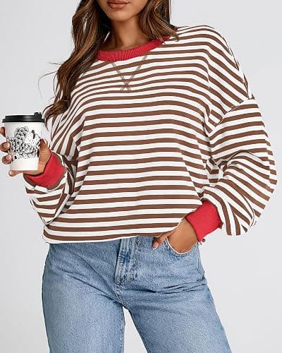 BTFBM Womens Oversized Striped Sweatshirt 2026 Spring Crewneck Long Sleeve Pullover Top Casual Y2K Clothes Workout Shirt thumbnail 5