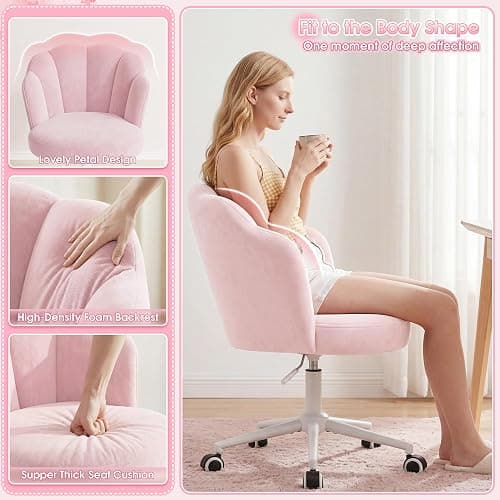 Homkdom Office Vanity Chair with Wheels, Comfy Desk Chair with Back, Armless Home Office Desk Chair Hight Adjustable & 360° Swivel, Makeup Task Chair for Bedroom, Study Room, Blush Pink thumbnail 7