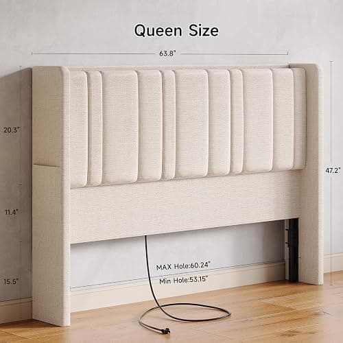 Queen Size Headboard with LED Light & Charging Station, Off White Linen | Wingback Upholstered Headboard Queen, Vertical Channel Stitched Head Board, High-Density Sponge Padding, 2 Storage Pockets thumbnail 2