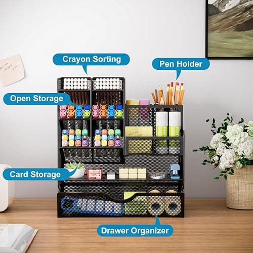 Marbrasse Mesh Desk Organiser,Stationary Organiser,Multifunctional Pen Holder,Desktop Storage and Drawer for Home Officee(Black) thumbnail 4