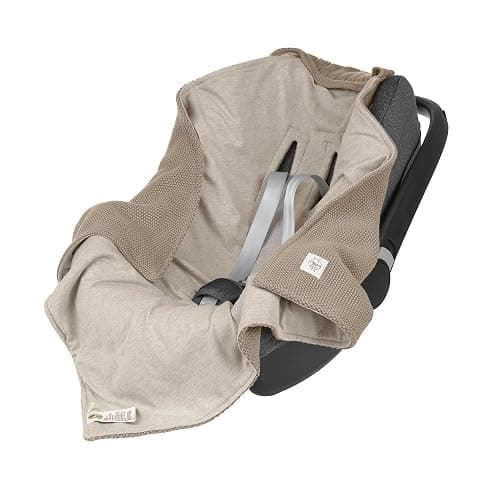 LÄSSIG Baby Strickdecke für Autositz Autositzdecke Einschlagdecke Babyschale 100% Bio-Baumwolle GOTS taupe - Image 1