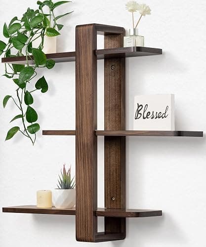 SUMGAR Wandregal Holz Walnussfarbe, Schweberegal, Hängeregal Größer, Praktische Dreistöckig Dekorative Regale aus Massive Holz für Wohnzimmer Schlafzimmer, Abnehmbarer Bretter, 50x58cm - Image 1