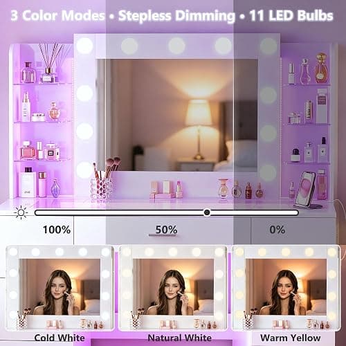 HUAHUU Vanity Desk with Mirror and Hollywood Lights, Makeup Vanity 6 Backlit Open Shelves with Frosted Panel & RGB Light, Transparent Top, Power Outlet, 7 Drawers & Storage Organizer for Bedroom thumbnail 5