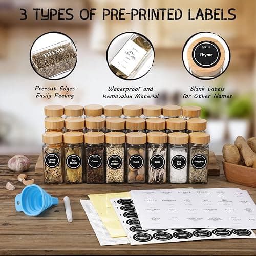 NETANY 24 Pcs Glass Spice Jars with Bamboo Lids, 4 oz Glass Jars with Minimalist Farmhouse Spice Labels Stickers, Collapsible Funnel, Seasoning Storage Bottles for Spice Rack, Cabinet, Drawer thumbnail 4