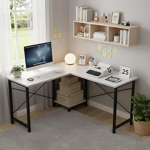 NEWBULIG 49.9 inch L Shaped Desk, Corner Computer Gaming Desk for Small Spaces, Small Desks for Bedroom with Reversible CPU Stand, Home Office Writing Table Bright White thumbnail 6