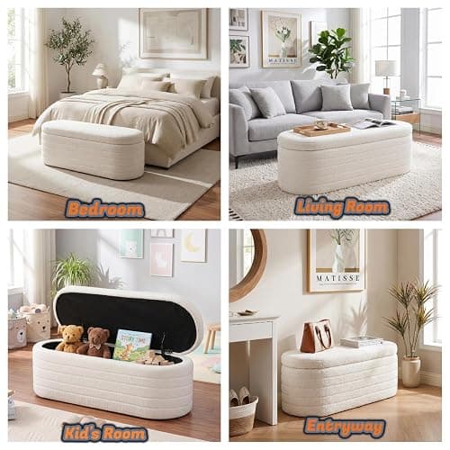 OuchTek Teddy Sherpa Storage Ottoman Bench, Modern Upholstered Window Bench with Safety Hinge Lid, Oval White Ottoman for Living Room, Bedroom End of Bed thumbnail 7