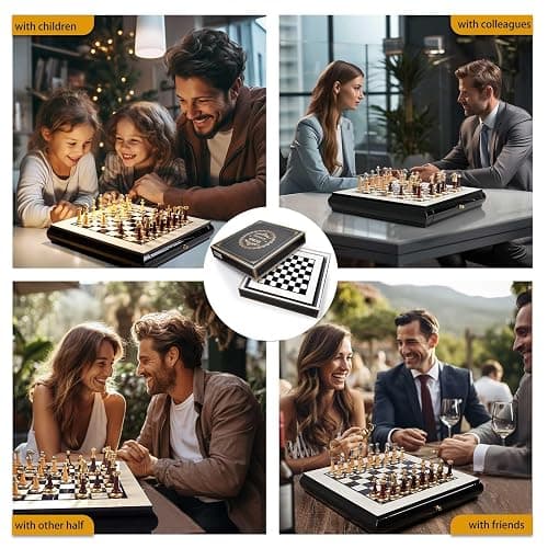 AMEROUS 16 Inches Wooden Chess Set, Large Size Board with 2 Built-in Storage Drawers - 2 Extra Queens - Metallic & Wooden Chess Pieces - Gift Packaging, Board Games for Adults and Kids thumbnail 9