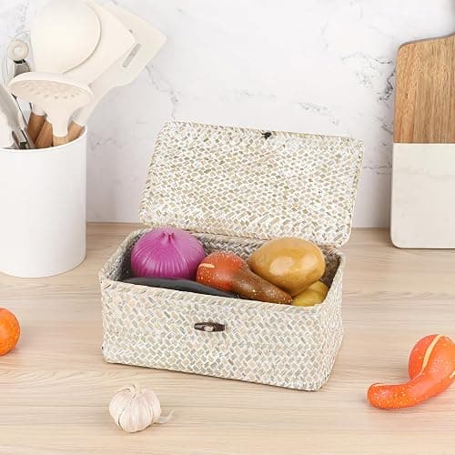Sumnacon Wicker Basket with Lid,Tampon Holder for Bathroom,Whitewash,XS | Natural Seagrass Female Product Organizer for Toiletries Pad Tampon Storage,Farmhouse Woven Baskets for Shelf, Toilet Tank thumbnail 4