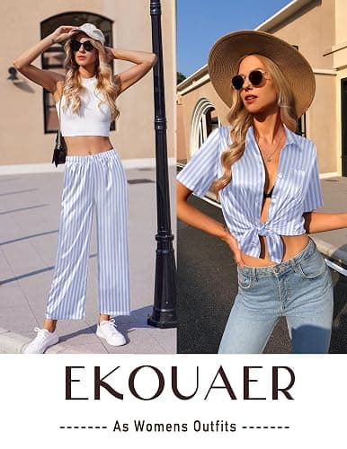 Ekouaer Silk Pajamas for Womens Set 2 Piece Fall Pjs with Pockets | Satin Short Sleeve Sleepwear, Soft Button Down Tops/ Wide Leg Pants for Lounging, Date Nights, Honeymoon, Bridal Wedding Day thumbnail 5