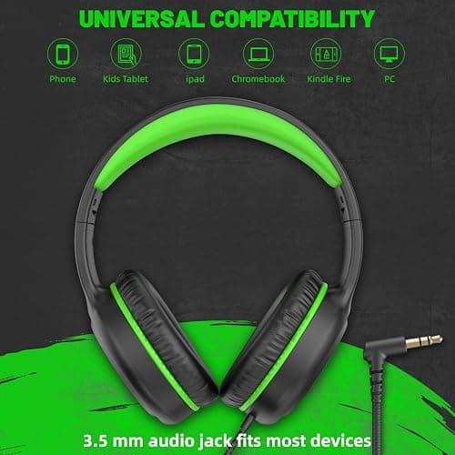 UKELALA Green Wired Headphones for Boys Portable On Ear Youth Headphones for School Airplane Travel Lightweight Portable Compatible with Pad Computer Laptop for Adults Student Children Girls Kids thumbnail 3