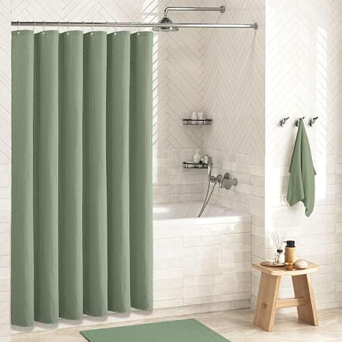 Dynamene Sage Green Shower Curtain - Waffle Textured Heavy Duty Thick Fabric Shower Curtains for Bathroom, 256GSM Luxury Weighted Polyester Cloth Bath Curtain Set with 12 Plastic Hooks，72Wx72H,Green thumbnail 2