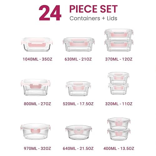 FineDine 24 Piece Glass Storage Containers with Lids - Leak Proof, Dishwasher Safe Glass Food Storage Containers for Meal Prep or Leftovers, Pink thumbnail 3