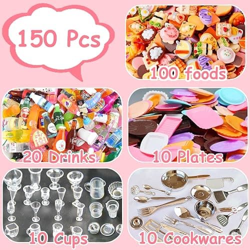 150Pcs Miniature Food Drinks Bottles Dollhouse Accessories 1:12 Mini Stuff Things Toy Set Dollhouse Pretend Kitchen Play Game Tiny Baking Hamburger Bread Ice Cream Cake Tableware thumbnail 2