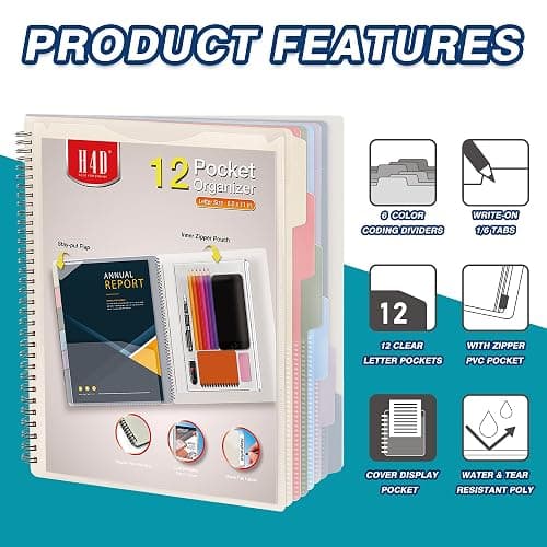 H4D 12 Pocket Poly Project Organizer, Multi Pocket Folder, Pastel Colors | 12 Pocket, Spiral, Multi-Subject, Folder Notebook, Letter Size thumbnail 5