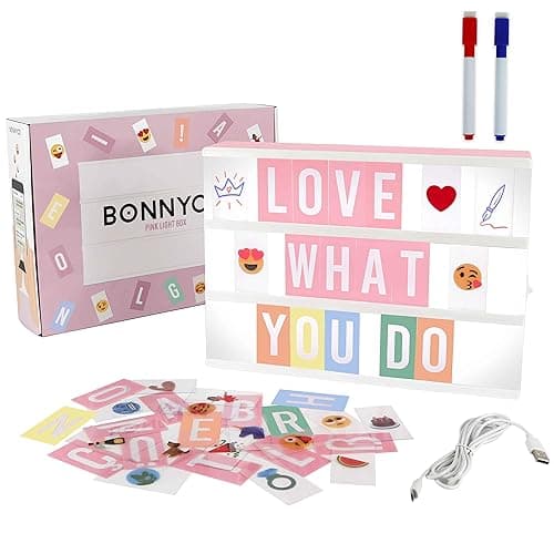 BONNYCO Pink Cinema Light Box with 400 Letters, Emojis, 2 Markers. Led Light Box Home Office and Room Decor, Cinema Led Sign Letters Board. Gifts for Women Girls Christmas Birthdays, Pink Decor - Image 1