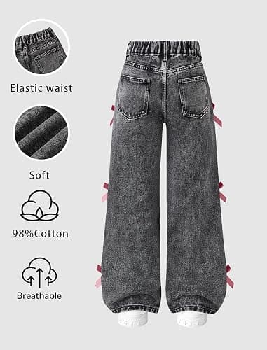 Peakpride Baggy Jeans for Girls Wide Leg High Elastic Waisted Cute Bow Denim Y2k Pant Trendy Boyfriend Skater Streetwear thumbnail 4