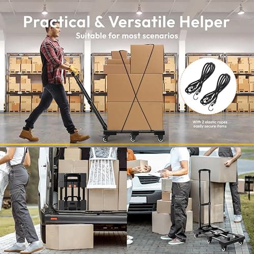 Voipvvii Folding Hand Truck 500lbs, Portable Heavy Duty Dolly Cart, 6 Wheels Collapsible Luggage Cart with 2 Elastic Ropes - Compact Trolley Cart for Easy Moving - Ideal Hand Cart for Travel and More thumbnail 6