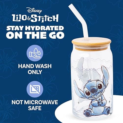 Silver Buffalo Disney Lilo and Stitch Sitting Glass Jar Tumbler with Bamboo Lid and Glass Straw, 16 Ounces thumbnail 3