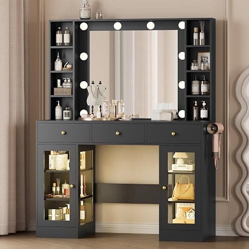 Wodeer Makeup Vanity Desk with Mirror and Lights, Black Vanity with Glass Top, LED Lights & Power Outlet, 3 Drawers & 2 RGB Glass Cabinets, Adjustable Lighted Dressing Table for Women & Girls Bedroom - Image 1