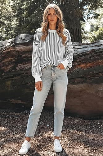 Womens Sweaters Fall 2025 Clothes Oversized Long Sleeve Colorblock Striped Knit Pullover Tops Casual Winter Trendy Outfits thumbnail 5