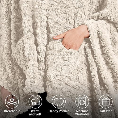 Wearable Blanket Poncho Cape Wrap for Adult, Cozy Sherpa Fleece Pocketed Shawl TV Throw Blankets for Office and Lounge(Ivory,58'' x 64'') thumbnail 3