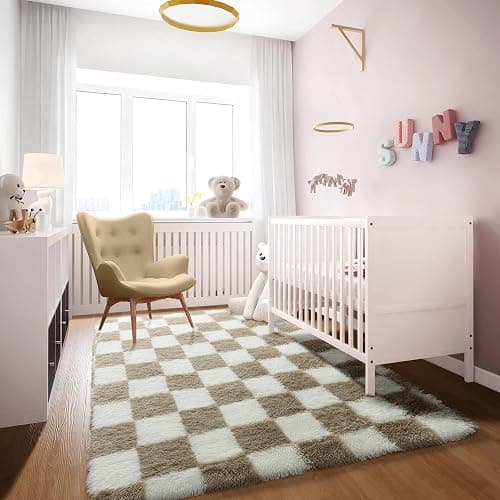 KICMOR Area Rugs for Bedroom Living Room, 4x6 Fluffy Soft Beige and Cream White Checkered Rug Fuzzy Shag Shaggy Carpet, Indoor Plush Rugs for Kids Boys Girls Dorm Nursery Office Home Decor Aesthetic thumbnail 5