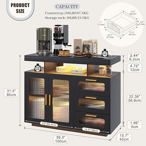 HWB Coffee Bar Cabinet with Storage, Buffet Sideboard with RGB Light, Modern Coffee Bar Table with Charging Station, Black thumbnail 2