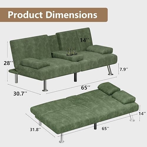 Flamaker Futon Sofa Bed Corduroy Folding Couch Adjustable Sleeper Sofa Bed for Small Apartment Upholstered Living Room Furniture Set with 2 Cup Holders Removable Armrests (Corduroy, Green) thumbnail 3