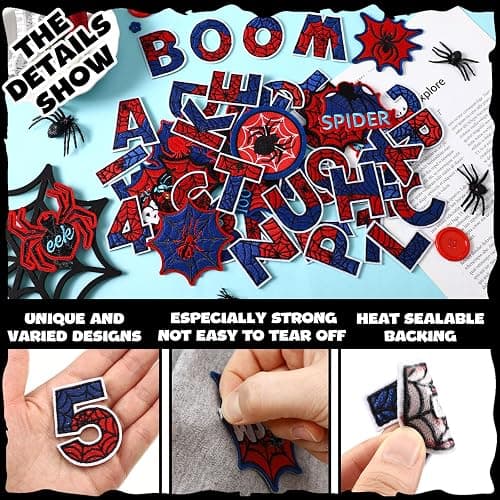 Wavwavw 50 Pcs Spider Iron on Patches Christmas Iron on Patches Blue and Red Letters Embroidered Applique Spiderweb Letter Spider for Clothes Hats Backpacks Jackets Accessories thumbnail 4
