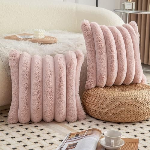 Neelvin Pink Faux Fur Cozy Soft Striped Decorative Throw Pillow Covers 18x18 inch Set of 2,Velvet Pillowcase Cushion Case for Sofa Couch thumbnail 2