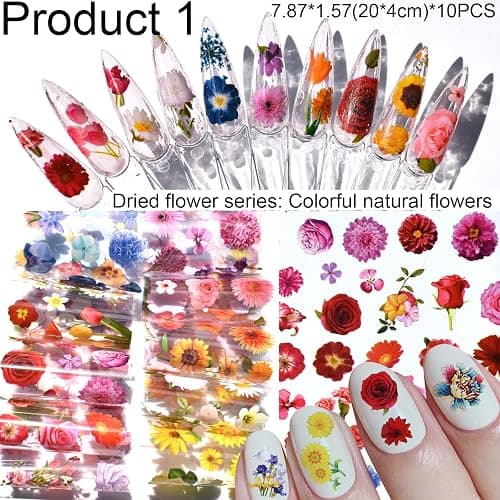 Nail Art Transfer Foils, 60 Pieces, Mixed Designs - Dried Flowers, Iridescent, Animal Print, Marble, Checkered Patterns, 1 Pcs Nail Art Engraving Pen Silicone Pen 7.87 x 1.57 inches(60) thumbnail 2