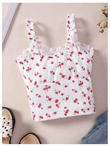 SOLY HUX Girl's Ditsy Floral Print Frill Trim Cami Crop Top Cute Summer Tops Preppy Clothes - 9 Years - White Floral Print thumbnail 2