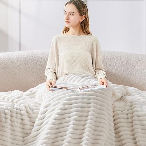 BEDELITE Full Size Blanket for Bed, 300GSM Soft & Warm Fleece Cream White Blanket, Decorative and Giftable Striped Blankets for Women, Men, 84"x90" thumbnail 3