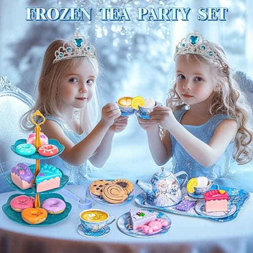 Hohosunlar Frozen Tea Party Set for Little Girls, Princess Gift Toy, Kids Pretend Play Tin Tea Set with Teapot, Tea Cups, Food Playset & Carrying Case, Birthday for Girls Age 3+ thumbnail 4