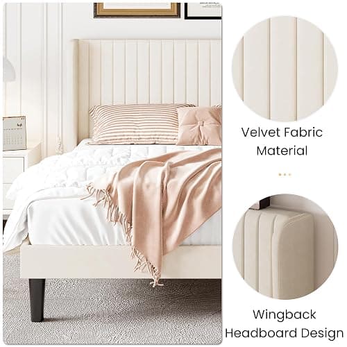 SHA CERLIN Queen Size Velvet Bed Frame, Tufted Wingback Headboard, Cream | 47'' Modern Vertical Channel Headboard, Upholstered Platform Bed, Wood Slats, No Box Spring Needed, Easy Assembly, Noise Free thumbnail 7